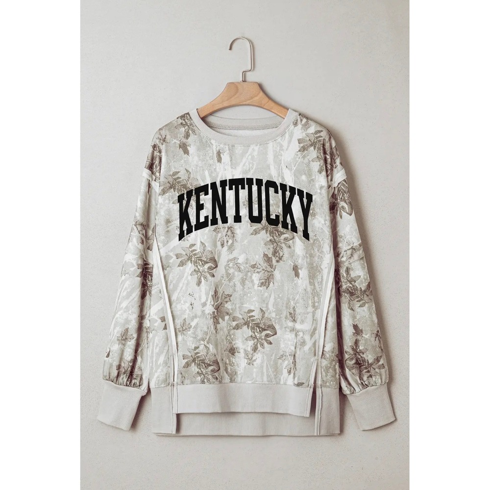 Kentucky Oversized Crewneck Sweatshirt Camo Leaf Print Boutique Pullover Gray - Picture 2 of 3